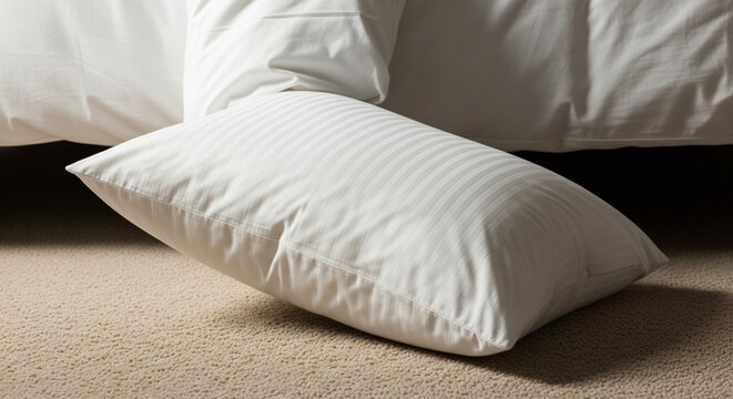 Luxurious white pillow on carpet under a hotel bed.
A close-up, low-angle shot of a single, clean white sleeping pillow with a subtle striped texture (likely sateen or damask) resting - Powered by Adobe