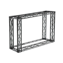 Black, geometric metal structure with repeating pattern and rectangular form
