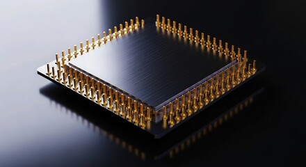 high quality detailed image, microprocessor, integrated circuit, computer chip, silicon wafer, futuristic technology, metallic gold and black colors, elegant minimalist design, 3d render, studio light