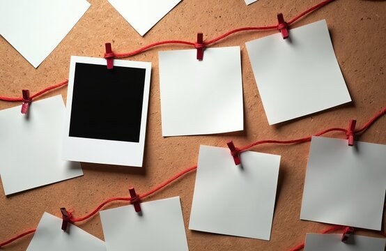 Detective evidence board with blank papers, empty photo frame pinned to corkboard. Red string connects clues, building mind map for crime investigation mystery plot. Wall shows conspiracy theory