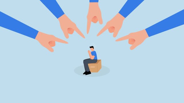 Toxic work, enormous manager fingers indicating and accusing a troubled employee