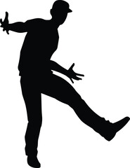Black silhouette of person in dynamic pose, dancing or jumping, expressive movement, cap wearing figure, vector graphic, action concept