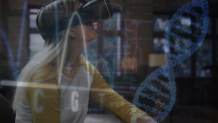 Woman fitting VR headset in tech loft examining virtual molecules and animated DNA helix charts - Powered by Adobe