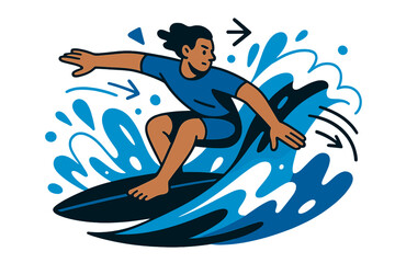 Dynamic Wave Surfing. Surfing on the waves. Surfer performing a sharp turn with abstract floating spray and motion lines; conveys speed, agility, and