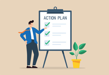 Flat illustration of businessman present action plan with checklist step on whiteboard to complete work and finish project procedure