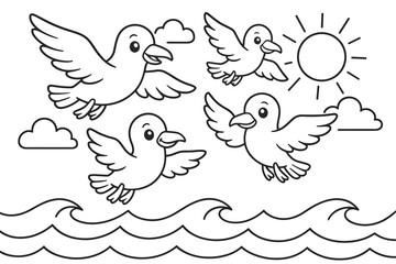 Obraz premium Seagulls and Waves. Seabirds children?s coloring book illustration, outlined drawing, a group of friendly cartoon seagulls flying above gentle ocean waves with