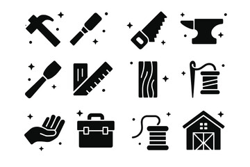 Craftsmanship Icons Grid. Craftsmanship Essentials. Solid icons set of Craftsmanship Essentials: hammer, chisel, saw, anvil, paintbrush, ruler, wood plank,