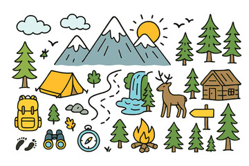 Obraz premium Colorful Mountain Adventure. Mountains. Hand-drawn doodle illustration mountain peaks (colored), snow caps (colored), trees (colored), river, sun (colored),