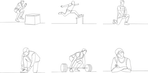 Continuous line drawing illustration of men exercising and performing various fitness activities like jumping and weightlifting for health and wellness concept