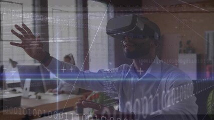 Data analyst lifting right hand, sweeping holographic chart elements, rotating to organize data - Powered by Adobe