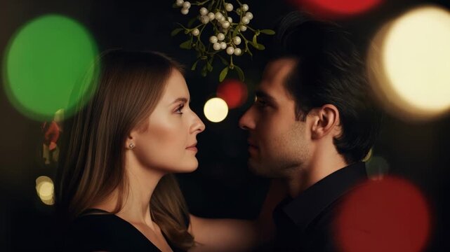 Romantic kiss under mistletoe with festive bokeh lighting in holiday setting