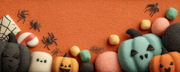 Halloween pumpkins frame a festive scene with ghosts, spiders, candy and orange backdrop for photos