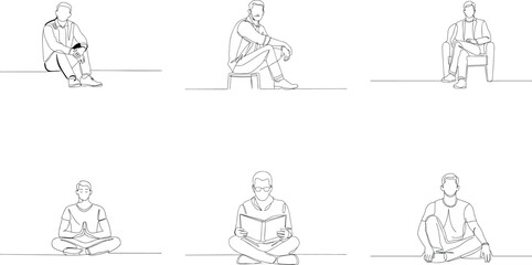 Continuous Line Art Collection Depicting Various Relaxing Activities and Poses of Men on White Background
