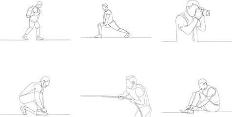 Continuous line drawings illustrating diverse activities including hiking stretching photography tug of war and tying shoelaces showcasing active lifestyle and human endeavors