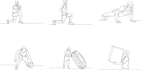 Line Art Illustration of Athletes Engaging in Various Physical Activities and Exercises showcasing Strength and Endurance