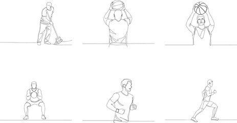 Continuous line drawing of various activities including cleaning basketball throwing squatting and running showcasing healthy lifestyle and sport activity
