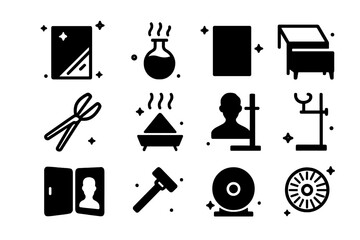 Daguerreotype Icons Grid. Daguerreotype Process. Solid icons set of Daguerreotype Process: iodine plate, mercury vapors, silvered copper plate, sensitizing