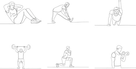 Fototapeta premium Continuous line drawing illustration showcasing men engaged in diverse fitness exercises and gym activities promoting health and wellness