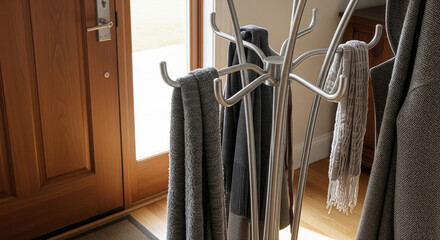 Silver Metal Coat Stand with Scarves near Wooden Front Door
A close-up shot of a modern, silver-colored metal coat tree or hall stand situated near a classic wooden front door