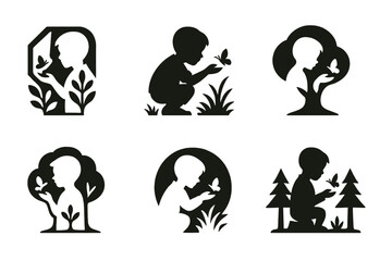 Children Exploring Nature. Photographing Kids Enjoying Nature and Wildlife. Set Logo of Child Discovering Nature: Abstract geometric, Filled silhouette,