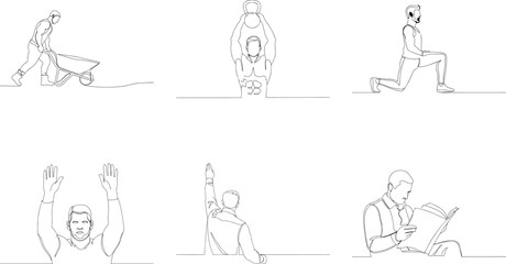 A series of single line drawings showcasing diverse activities like construction fitness refereeing and reading representing various facets of human life