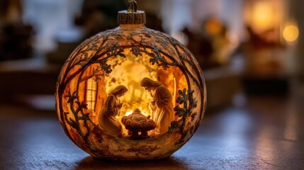A beautifully crafted Christmas ornament depicting a nativity scene with Mary, Joseph, and baby Jesus surrounded by intricate designs and warm lighting.