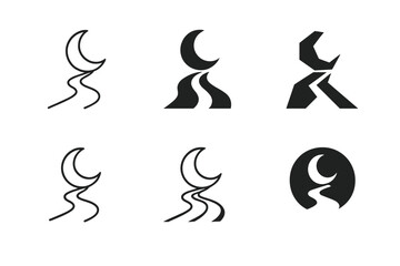 Naklejka premium Moonlit Path Logos. Moonlit path. Set Logo of Moonlit path: crescent moon illuminating track. harmonious logo variations of the same emblematic concept, each