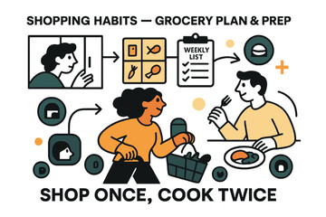 Grocery Plan Dynamics. Shopping Habits ? Grocery Plan & Prep. A minimal meal grid links to a weekly list; arrows flow from pantry > market > table. Caption