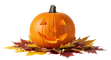 Carved halloween pumpkin jack o lantern with autumn leaves seasonal decoration