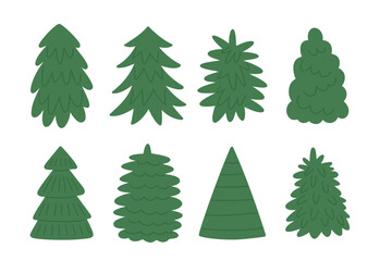 Christmas tree doodles. Vector set of design elements. Different fir trees ob white background. 