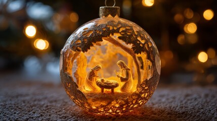 A decorative Christmas ornament featuring a carved scene of a couple sitting by a table in a forest setting, illuminated by warm lights.