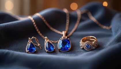 Opulent gold jewelry set with vivid blue sapphire gemstones rests on dark fabric. Necklace, earrings, ring feature sparkling gems. Luxurious collection shows elegance, wealth. Perfect for special
