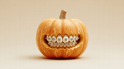 A Halloween pumpkin with a carved mouth and braces.