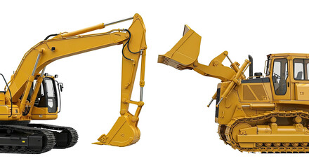 Heavy construction vehicles excavator and bulldozer isolated on black