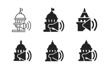 Political Emblem Designs. Political influence. Set Logo of Political influence: capitol dome with megaphone sound waves. Icon set. harmonious logo variations