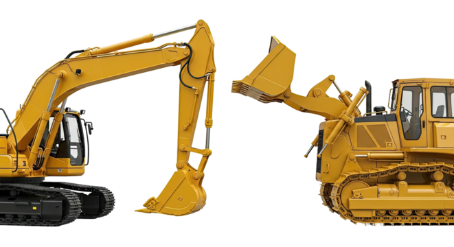 Heavy construction vehicles excavator and bulldozer isolated on black