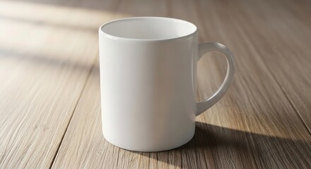 ceramic mug, white porcelain, wooden table surface, natural lighting, minimalist, high resolution
