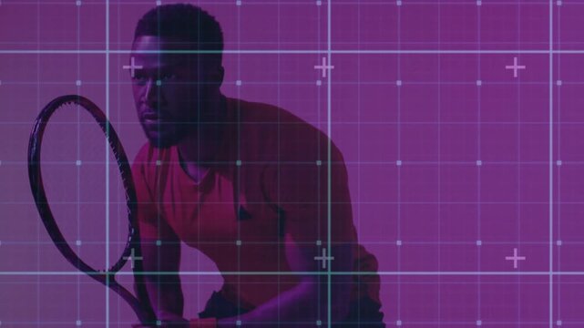 Start showing male tennis athlete holding racket shifting stance for backhand as pulsing grid