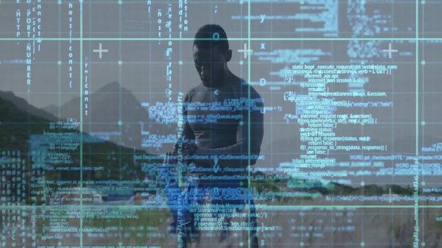Man inspecting training sticks on coastal dune, then swinging sticks for martial arts practice