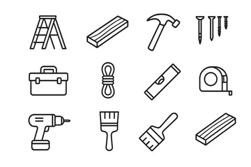 Outdoor Ladder Icons. Outdoor ladder. Line icon set of outdoor ladder: ladder, plank, hammer, nails, screws, toolbox, rope, level, measuring tape, drill, paint