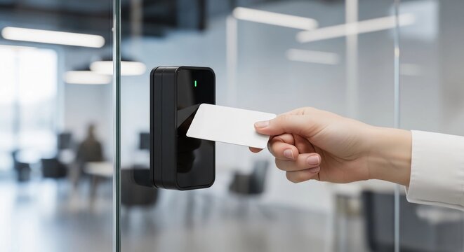 Close-up of a hand holding a white card near a black card reader on a glass door.