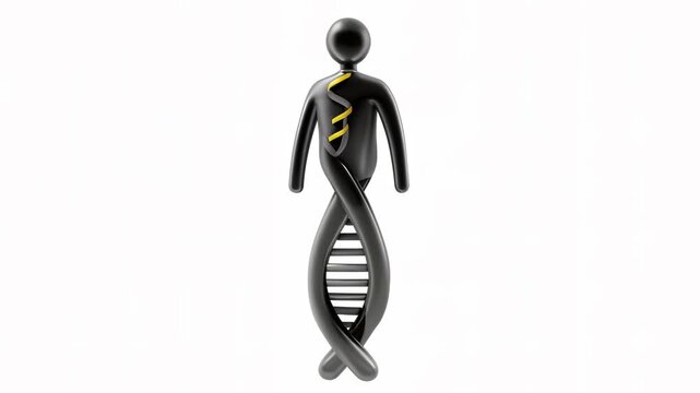 A stick figure wearing a tie is entwined with a DNA helix, symbolizing the connection between genetics and identity.
