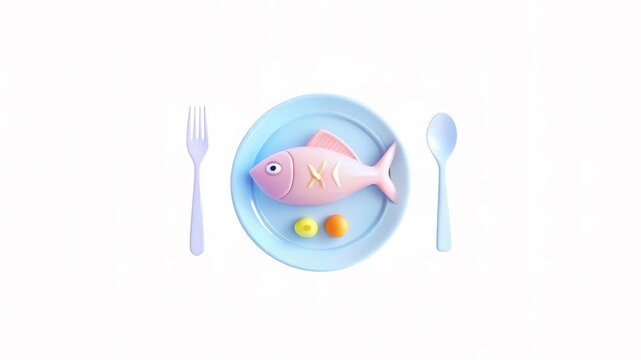A colorful cartoon plate with a pink fish and two small colorful balls, surrounded by a fork and spoon.