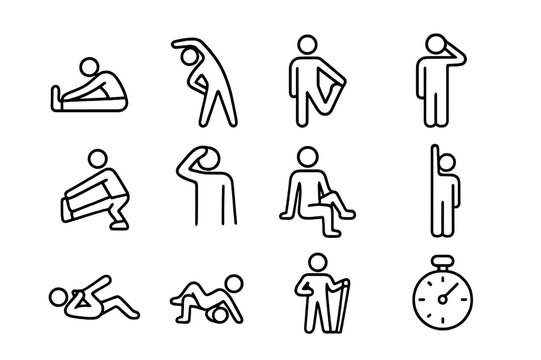 Stretching Icon Set. Stretching. Line icon set of Stretching: seated hamstring stretch, standing side bend, quad stretch, shoulder stretch, calf stretch, neck