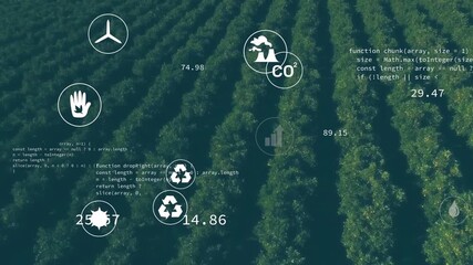White icons fading in at start while metrics updating and code shifting, visualizing orchard data - Powered by Adobe