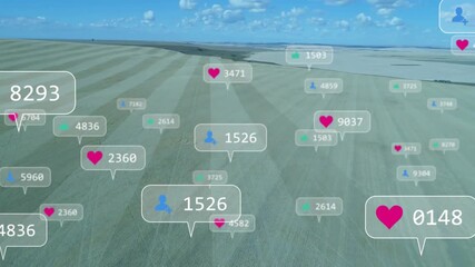 Opening aerial field spawning user bubble producing leaf heart and growth metrics drifting outward - Powered by Adobe