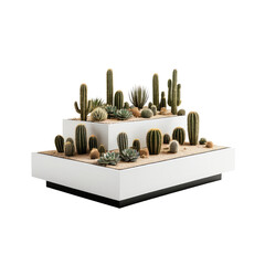 Desert landscape diorama featuring various cacti and succulents on white tiers