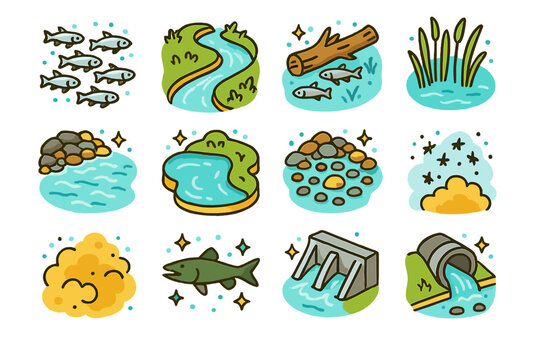 Colorful Freshwater Icons. Freshwater shoals. Colorful isometric vector icons set of Freshwater shoals: minnow shoal, river bend habitat, submerged log