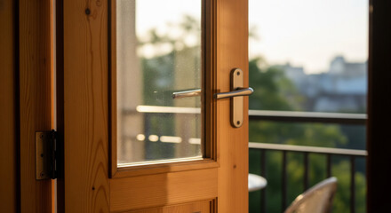 Open Wooden Balcony Door with Glass Panels and Sunset Light.
Close-up view of a partially open wooden door leading to an outdoor balcony or patio