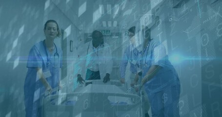 Digital data overlay fading in causing medical team pushing gurney down corridor for transport - Powered by Adobe